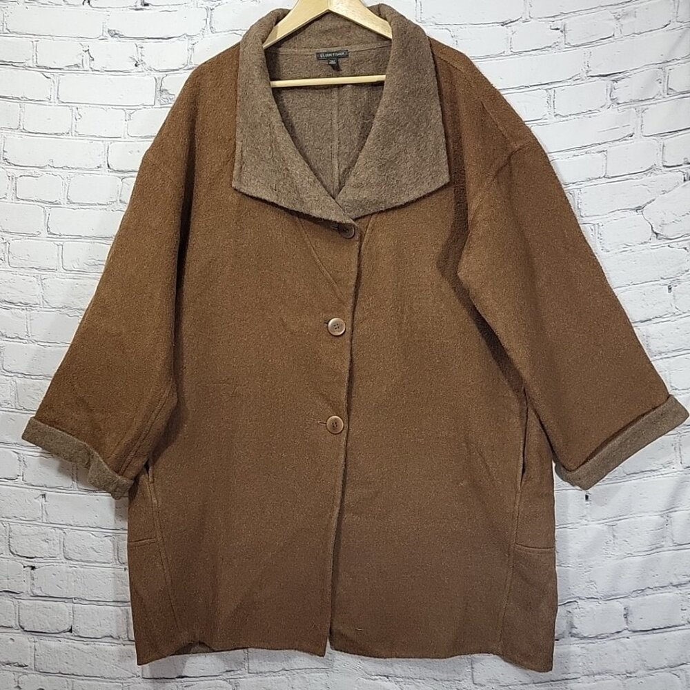 Eileen Fisher Baby Alpaca Wool Blend Coat Size Large‎ Button Up Brown Pockets